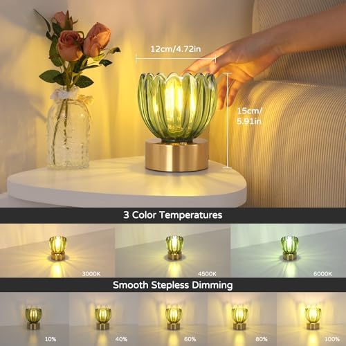 Shenmoyl Cordless Small Table Lamp with 5200mAh Battery & Touch Control, Battery Operated Tulip Table Lamp with 3 Colors, Rechargeable Mini Table Lamps for Bedsides, Bedroom, Nightstand (Green)