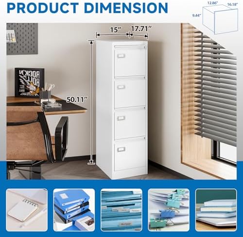 BYNSOE 4 Drawer File Cabinet with Lock Metal Vertical File Storage Cabinet Office Home Steel Vertical File Cabinet for A4 Legal/Letter Size Narrow File Cabinet Locked,Assembly Required