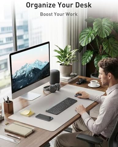 Aothia Faux Leather Desk Mat - Non-Slip PU Leather Desk Blotter, Waterproof Writing Surface, Large Desk Pad for Office & Home (Pale Lavender White, 55" x 17")