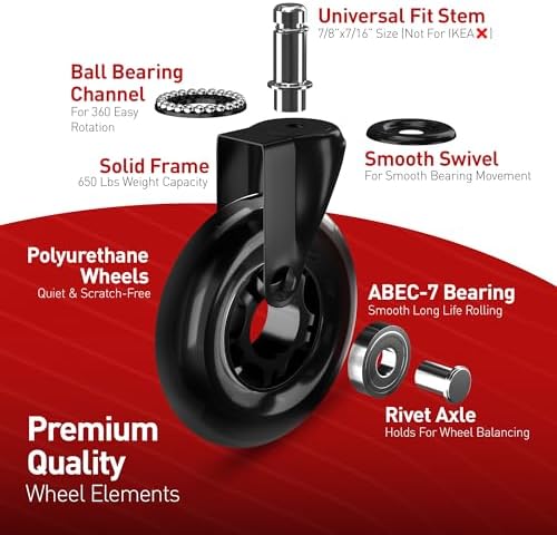 RIVEDA Office Chair Caster Wheels Set of 5 - Smooth 3 inch Heavy-Duty Replacement Rubber Wheels for Gaming & Desk Chair - Easy to Install, Suitable for Hardwood Floors, Carpet, Tiles (Black)