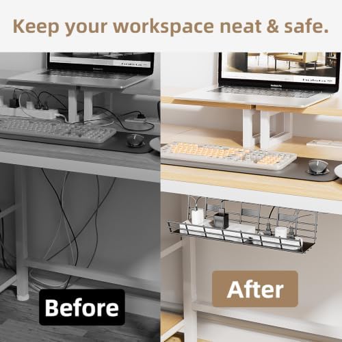 1 Pack DELAMU Under Desk Cable Management Tray, Large Metal Cord Organizer, Office & Home Cord Wire Management Under Desk Shelf, Easy Install Pre-drilled Cable Organizer, Black