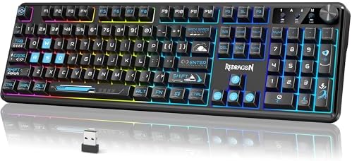 Redragon RM104 Wireless Gaming Keyboard with Knob, Tri-Mode BT/2.4G/USB-C RGB Computer Keyboards, 4000mAh Battery, Programmable Software Support, Anti-Ghosting, Compatible with PC Mac - Black & Blue