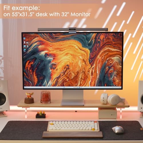 Bamboo Monitor Stand, Desk Shelf with Acrylic Legs and RGB Lights