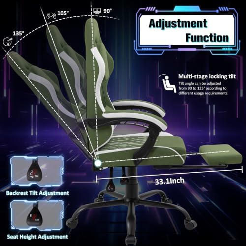 Gaming Chair with Footrest, Ergonomic Fabric Desk Chair, Dark Green
