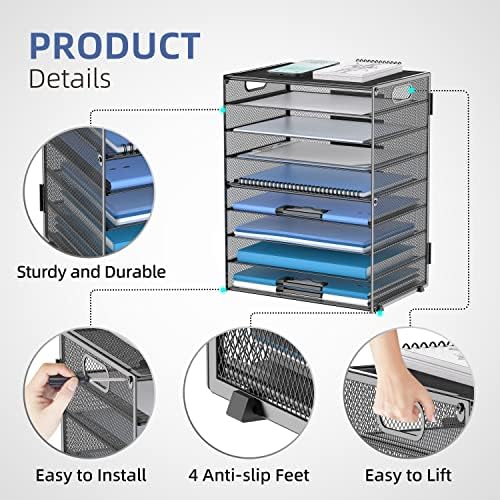 9-Tier Paper Organizer for Desk, Metal Mesh Letter Tray with Handles, Black