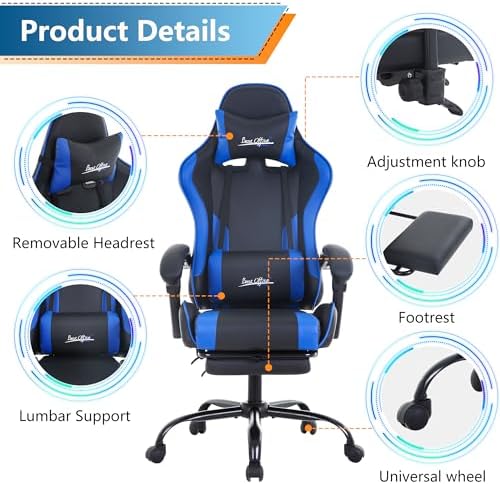 PayLessHere Ergonomic Racing Desk Chair Computer Chair Gaming Chair with Footrest Lumbar Support Headrest Armrest Task Rolling Swivel Ergonomic E-Sports Adjustable PC Gamer Chair (Blue)