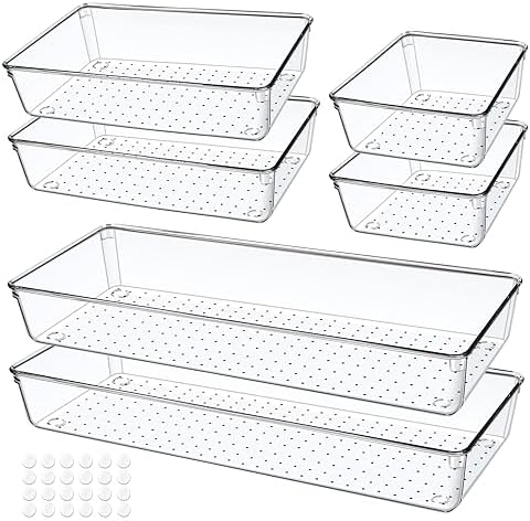 6 PCS Clear Plastic Drawer Organizer, Large 15" X 6" 3-Size Acrylic Stackable Kitchen Drawer Storage Tray, Bathroom Drawer Organizer Trays, Storage bins for Cosmetics Bathroom Kitchen Office