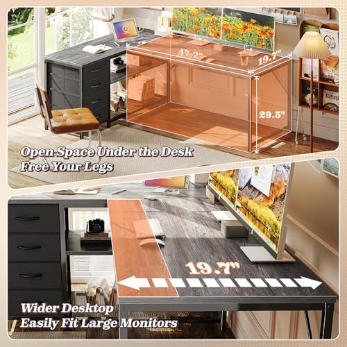 PRAISUN 61" L Shaped Desk with Power Outlets & 4 Drawers