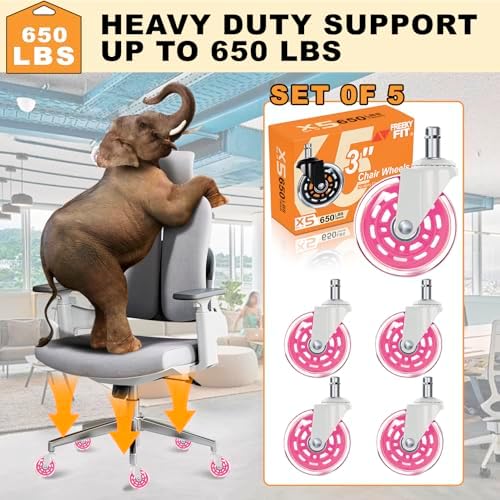 Office Chair Wheels for Casters Replacement - 3" Rubber Wheels for Computer Gaming Desk Caster Smooth & Safe Rolling for All Floors Including Hardwood and Carpet - Set of 5 - Pink