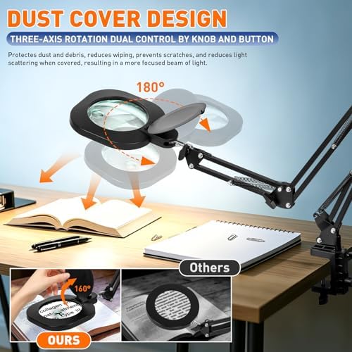 HITTI 30X 15X Long Magnifying Glass with Light and Clamp, 5-Inch Large Real Glass, 5 Color Modes, Stepless Dimmable, Hands Free LED Lighted Magnifier Stand for Workbench, Craft, Jewelry Making