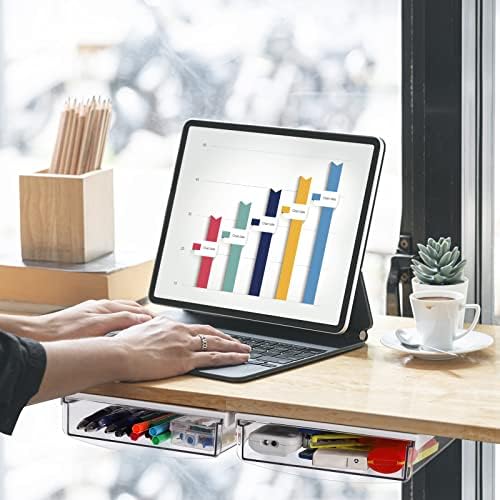 SOUJOY 3 Pack Under Desk Drawer, Self-Adhesive Slide Out Organizer Tray, Plastic Stick On Table Hidden Attachable Drawer Tray for Office Home School Kitchen