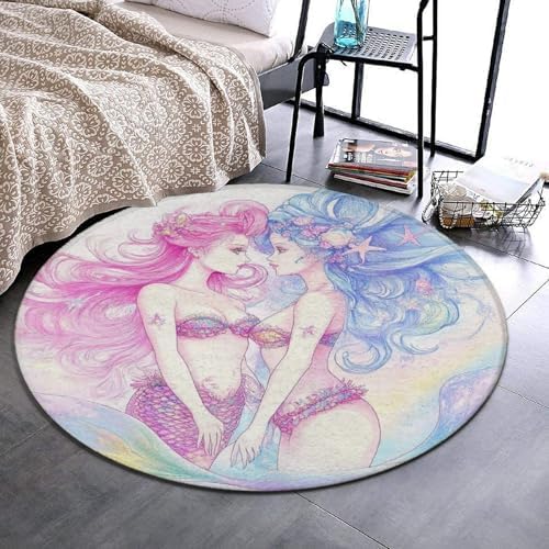 Room Sofa Yoga Soft Round Carpet, Home Decor Non Slip Kitchen Office Circle Rug, Machine Washable Modern Round Area Rug Lesbian Mermaid Anime Girl Love LGBT Pride, 36inch
