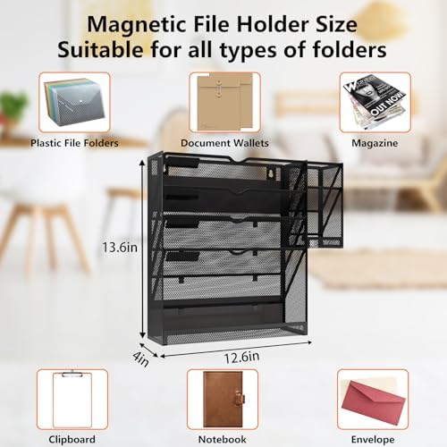 Magnetic File Holder, Magnetic File Organizer Wall Mount, 5 Tier Hanging Mail Organizer Folder Holder, Mesh Desk Accessories and Organizers, Paper Document Magazine Rack with 3 Pen Holder