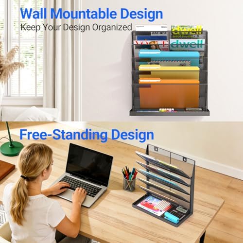 Legal/Letter Size 6 Tier Wall File Organizer,2-in-1 Wall Mounted&Desktop File Holder,2 Installation Methods Screws & Adhesive,Mesh Document Organizer with Label Plate for Home Office