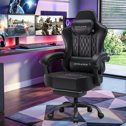 GTPLAYER Gaming Chair, Computer Office Chair with Pocket Spring Cushion, Linkage Armrests, Comfortable Leather Computer Chair, Black