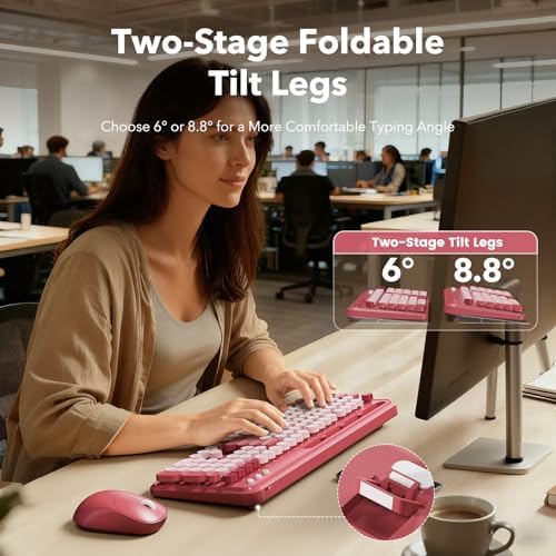 Wireless Keyboard and Mouse Combo, Retro Round Keycaps, Full-Size Stylish Typewriter Keyboard with Large Phone/Tablet Holder, 3-Level DPI Ergonomic Mouse, 2.4GHz Cordless for Windows PC, Rose Pink