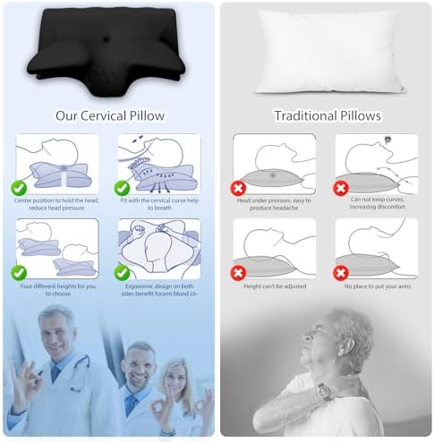Cervical Pillow for Neck Pain Relief, Cooling Contour Memory Foam Pillows Support Odorless Ergonomic Neck Pillow Adjustable Orthopedic Bed Pillow for Side Back Stomach Sleeper with Pillowcase,Black