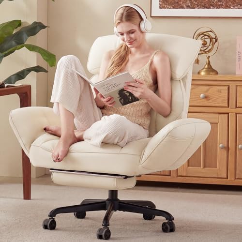 Dowinx Cross Legged Office Chair with Pivoting Armrests,Criss Cross Chair with Pocket Spring Seat & Back,Reclining Computer Gaming Chair with Footrest and Metal Base (Cream)
