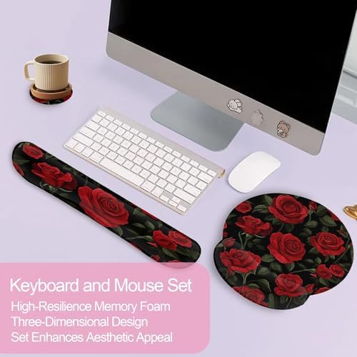 Vintage Red Rose Ergonomic Wrist Support Keyboard Mouse Wrist Rest Set, Computer Office Comfortable Wrist Rest for Mouse Easy Typing