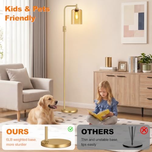 【Upgraded】 Dimmable Floor Lamp for Living Room with Amber Glass Lampshade, Gold Modern Glass Floor Lamp with 900LM LED Bulb Included, Arc Standing Tall Lamp for Bedroom, Office, Reading Room, Corner