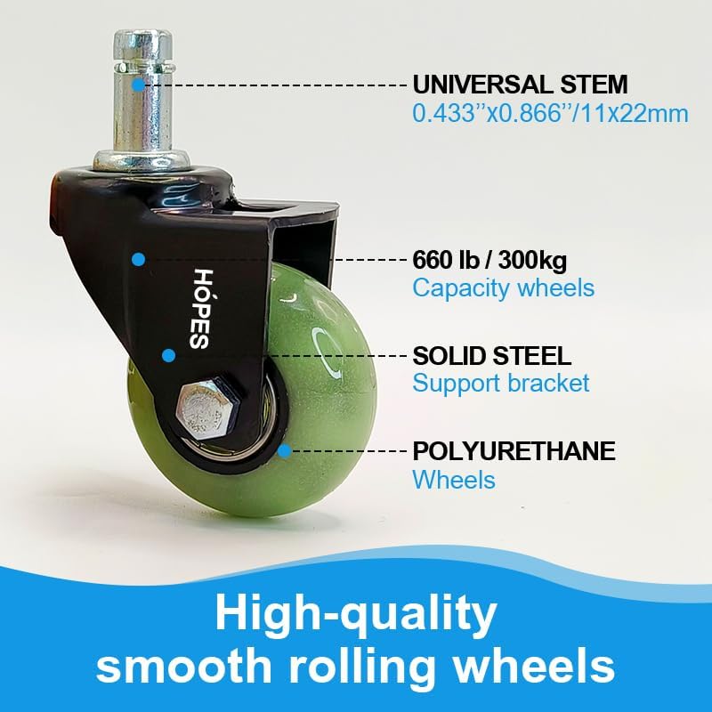 HOPES Office Chair Wheels Replacement Set of 5 – Heavy Duty Rubber Casters, Smooth & Quiet Rolling for Hardwood Floors and Carpet, Universal Stem, No Floor Mat Needed (Glow Green, 2inch-660lbs)