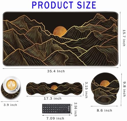 Mouse Pad,Large Pink Desk Mat, 4in1 XXL Mousepad + Keyboard Wrist Rest+Mouse Wrist Rest+Coaster Set with Ergonomic Desk Pad for Home Office Table Computer-Golden Mountain Line Moon Landscape