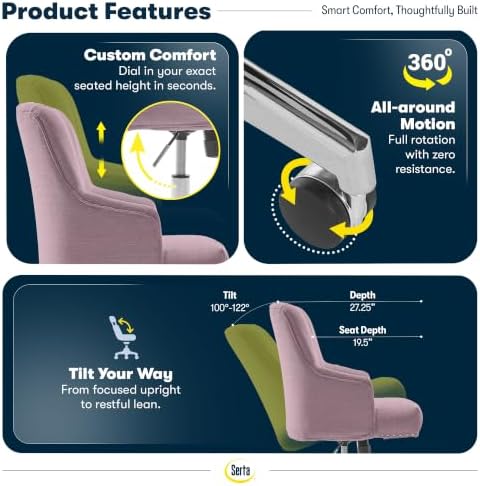 Serta Home Office Desk Chair with Low Padded Arms, Vanity Chair for Bedroom