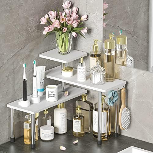 ZHWS Bathroom Counter Organizer Corner Shelf – Bathroom Organization Bamboo 3 Tier Spice Rack Makeup Organizer Bookshelf Space Saving Rack Kitchen Office Living Room (White)