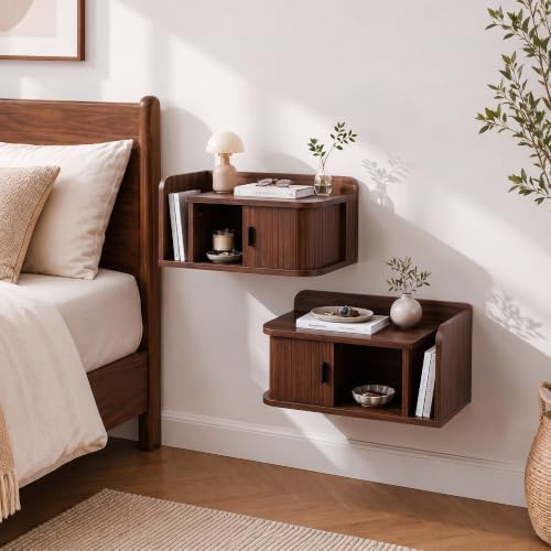 Floating Nightstand Set of 2 Walnut Bedside Table with Open Shelf
