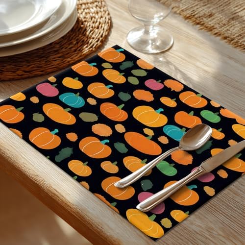 Shrahala Cute Halloween Pumpkins Set Of 4 12 X 18 Inch Linen Placemats , Black Background Pink Blue Tiny Squash Burlap Table Mat Washable Double Layered Heat Insulation For Indoor/Outdoor