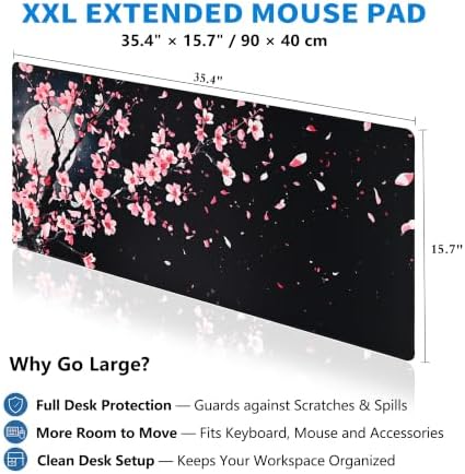 Extended Cherry Blossom Desk Mat, XXL Large Gaming Mouse Pad, Japanese Sakura Moon Stitched Edges Waterproof with Non-Slip Rubber Base for Computer Keyboard Laptop Work Home Office 35.4"x15.7"