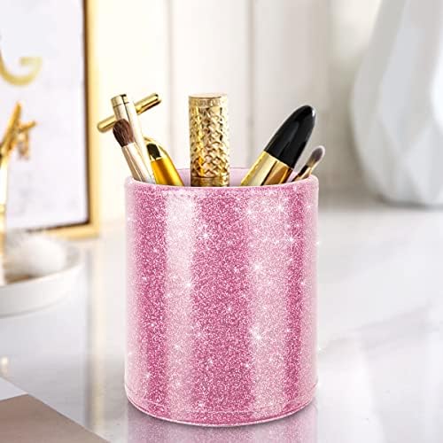 Glitter Pen Holder for Desk, Cute Pencil Cup Pink for Women Girls, Luxury Makeup Brush Holder Large Pu Leather Multi-Functional Organizer Cup for Office, Classroom, Home, Glitter Pink