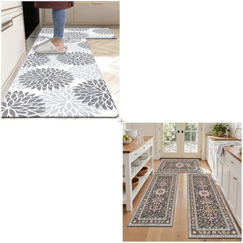 HEBE Two Types of Kitchen Rugs Made from Different Materials—Anti Fatigue Kitchen Rug Sets 2 Piece and Boho Kitchen Rugs Sets of 3 Non Slip Washable