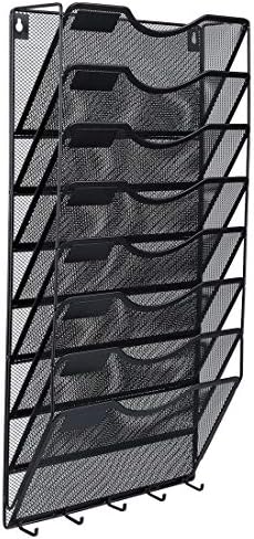 EasyPAG 8 Pocket Mesh Wall File Organizer with Key Hooks, Hanging Paper Folder Holder with Classify Label, Vertical Wall Mount Mail Organizer for Office Home Classroom, Black