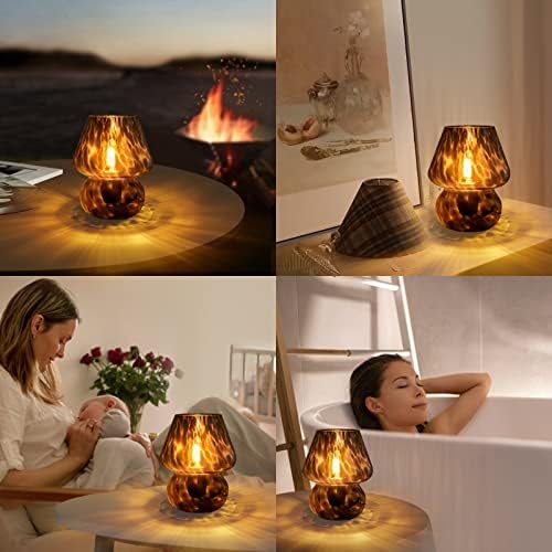 ONEWISH Mushroom Lamp Small Vintage Table Lamp for Bedroom Set of 2, Nightstand Bedside Lamp Translucent Glass Dimmable, Murano Aesthetic Home Decor for Living Room Kitchen Dorm(Black)