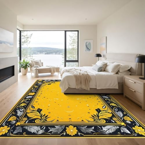 9'x12' Yellow Black Cat Golden Feline Motif Washable Area Rug