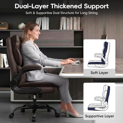 Vonesse Office Chair, Desk Chair with Flip-up Armrests, Gaming Chair with Double-Layered Soft Backrest,PU Leather Computer Executive Chair with Breathable Seat Cushion (Brown)