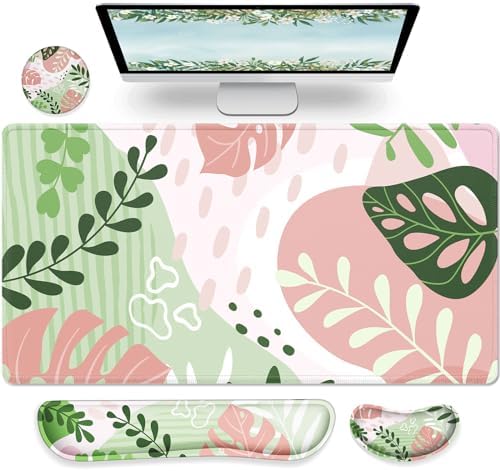 Gimars 4 in 1 Mouse Pad and Keyboard Wrist Rest Set, Large Mouse Pad with Memory Foam Wrist Support Pad for Desk with Coaster, Easy Typing Pain Relief, Gaming Office Home, 31.5x12 inch, Morandi Pink