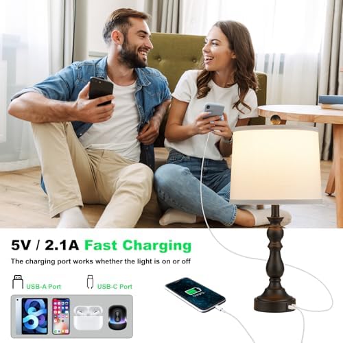Black Table Lamps Set of 2, Black Lamps for Bedroom, USB C+A Ports