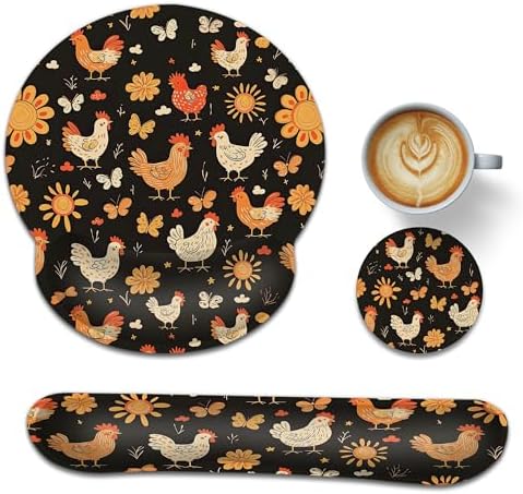 Rooster Hen Wrist Rest Support for Mouse Pad Keyboard Set, Butterfly Flower Mouse Pad with Non Slip Rubber Base for Home and Office Typing Support