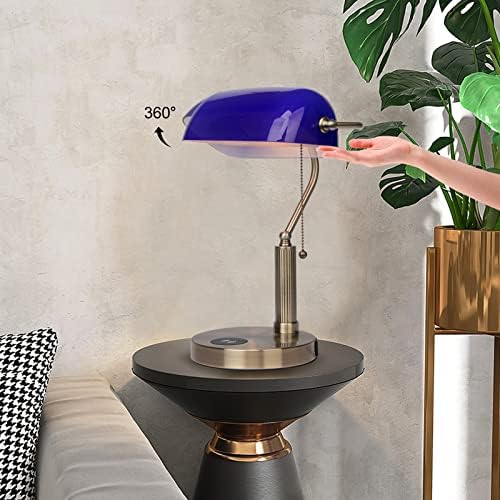 FIRVRE Bankers Lamp with2 USB and Wireless Charging Port，Pull Chain Switch Blue Glass Desk Lamp， E26 Base,Traditional Library Desk Lamps for Home Office,Bedroom,Piano