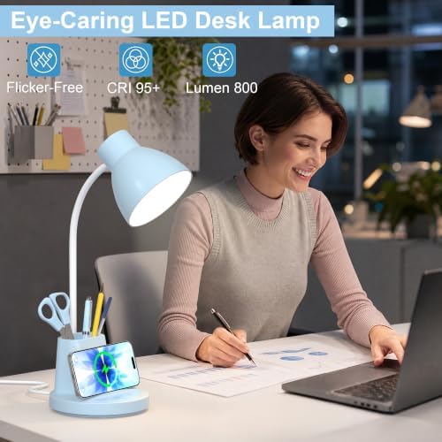10W Wireless Charging LED Desk Lamp with Pen Holder, CRI 95, Blue