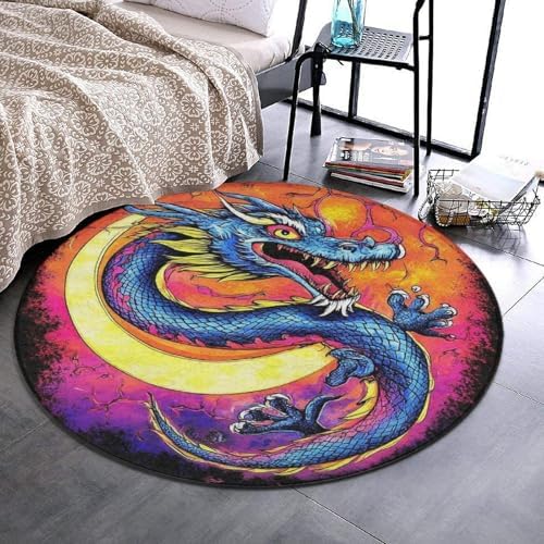 Room Sofa Yoga Soft Round Carpet, Home Decor Non Slip Kitchen Office Circle Rug, Machine Washable Modern Round Area Rug Mystery Dragon Trippy Art, 60inch