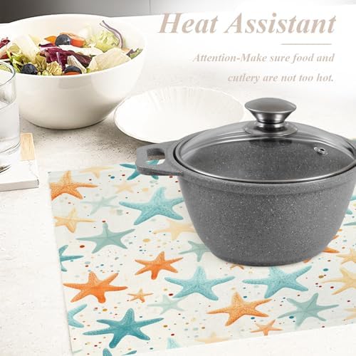 Shrahala Starfish Pattern Set of 6 12 X 18 Inch Linen Placemats, Sea Themed Illustration Burlap Table Mat Washable Double Layered Heat Insulation for Indoor/Outdoor