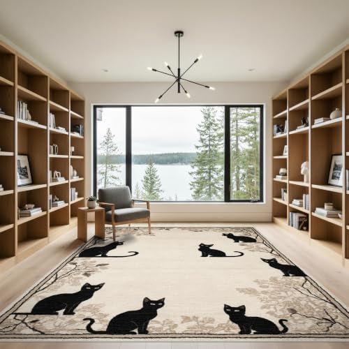 9'x12' Black Cat Taupe Design with Motifs Washable Area Rug