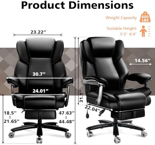 600lbs Big and Tall Office Chair for Heavy People,Heavy Duty Comfy Executive Office Desk Chair with Adjustable Lumbar Support,High Back Reclining PU Leather Computer Chair,Metal Base (Reclining Black)