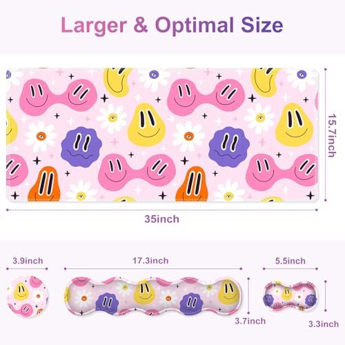Gaming Mouse Pad Keyboard Wrist Support, 4 in1 Mousepad with Wrist Keyboard Rest, Computer Desk Mat, Non-Slip Desk Pad Protector with Memory Foam Easy Typing Pain Relief I Cute Hippie Smiley