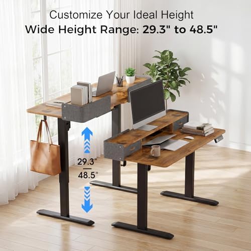 Electric Standing Desk with Drawers, 63 Inch Height Adjustable Desk with Power Outlets & LED Lights, Sit Stand Table with Monitor Stand for Home, Office, Brown