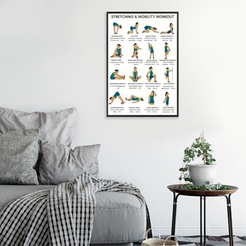 Stretching & Mobility Workout Poster, 16 Illustrated Full-Body Flexibility Chart with Hold Timing Guides, Bodyweight Daily Stretch Reference for Post-Workout Recovery & Joint Mobility Improvement(16x24inchs，Black Framed)