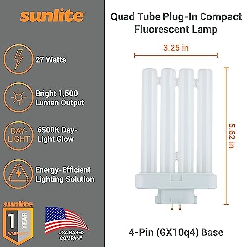 Sunlite 41760 FML27/65K/2PK Quad Tube Plug-in Compact Fluorescent Lamp, FML 4-Pin, 27 Watts, 1500 Lumens, 6500K Daylight, 4-Pin (GX10q4) Base, 120 Volts, 6 Pack